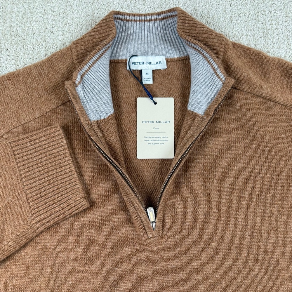 NEW Peter Millar Mens Medium Brown Wool Yak Cashmere 1/4 Zip Sweater MF25S05